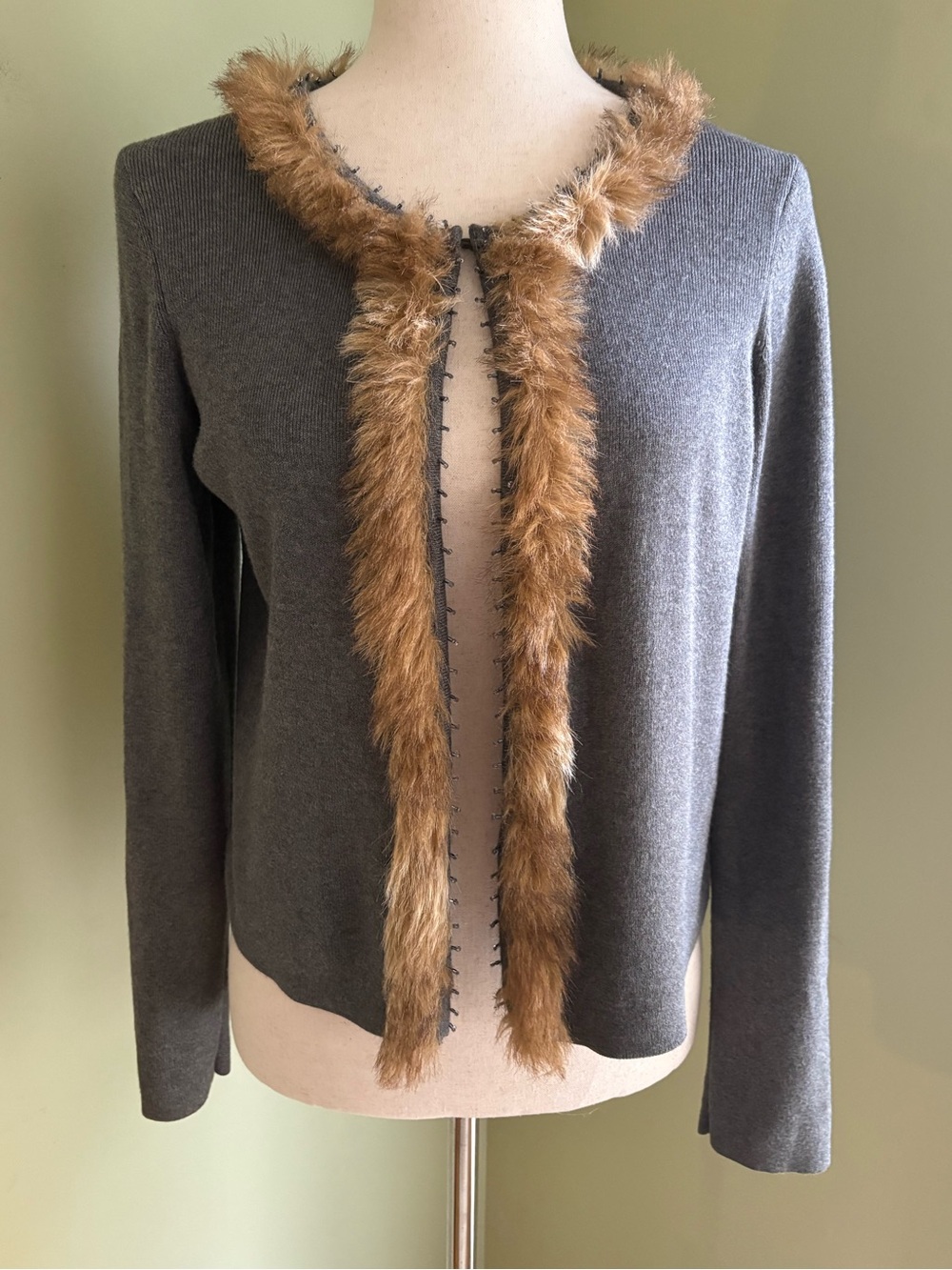 Chico’s Faux Fur Trimmed Gray Open Cardigan size M. Great shape!